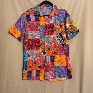 ROMWE Men’s L Multicolor Patchwork 60/70's Vibe Pattern Button-Up Short Sleeves
